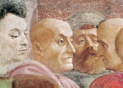 Heads of Men to the Left of the Emperor, from the Raising of the Son of Theophilus, and St. Peter Enthroned as First Bishop of Antioch, c.1427 and c.1484-85 (detail) by Tommaso Masaccio